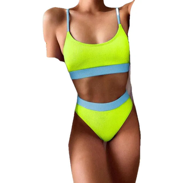 Sports Style Hot Girls' Patchwork Colors High Waist Push Up Swimsuit