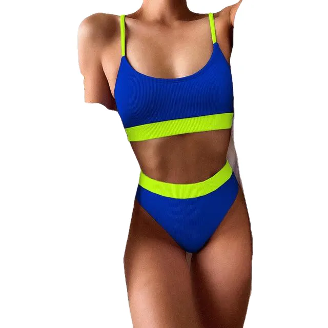 Sports Style Hot Girls' Patchwork Colors High Waist Push Up Swimsuit