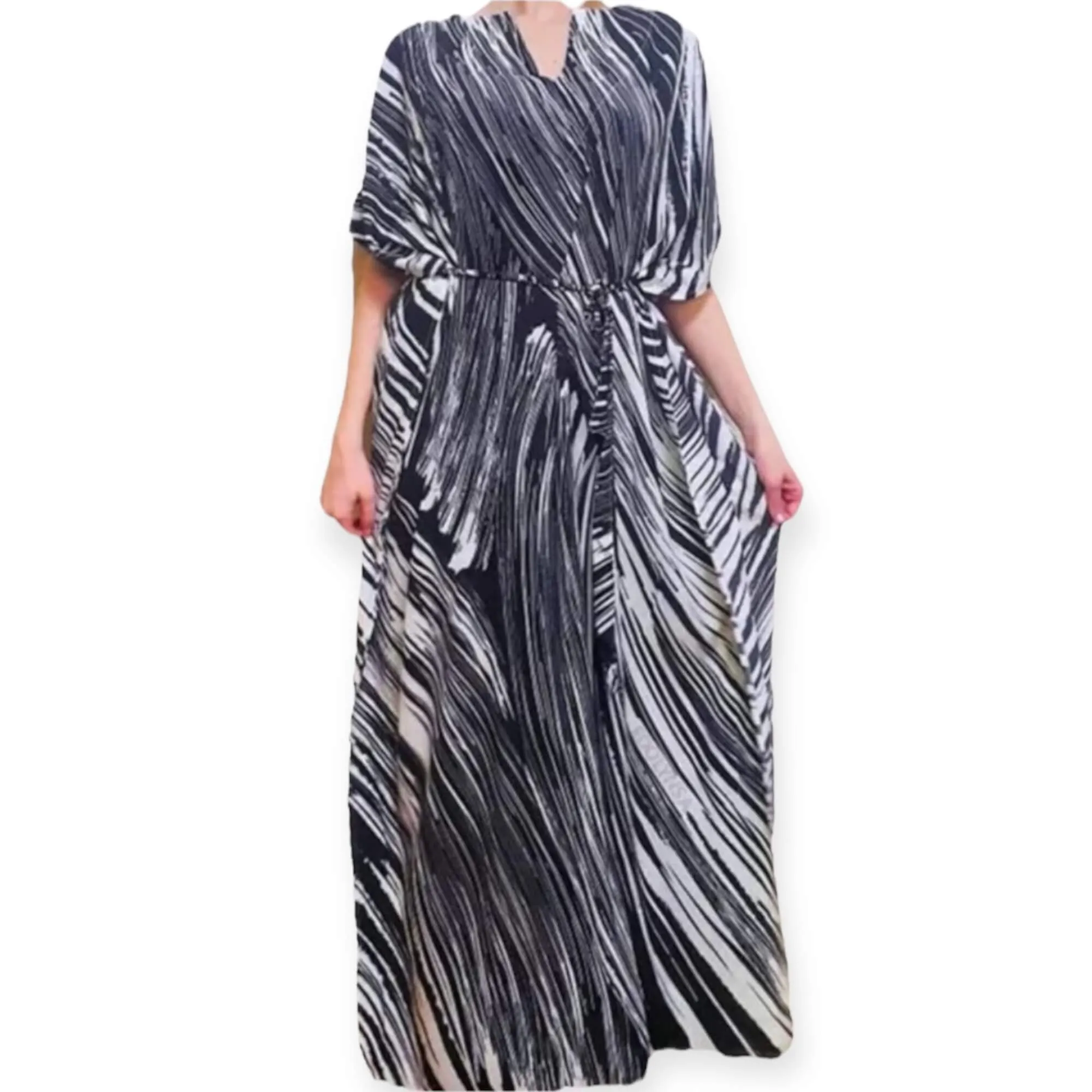 V Neck Black White Abstract Maxi Kaftan Dress