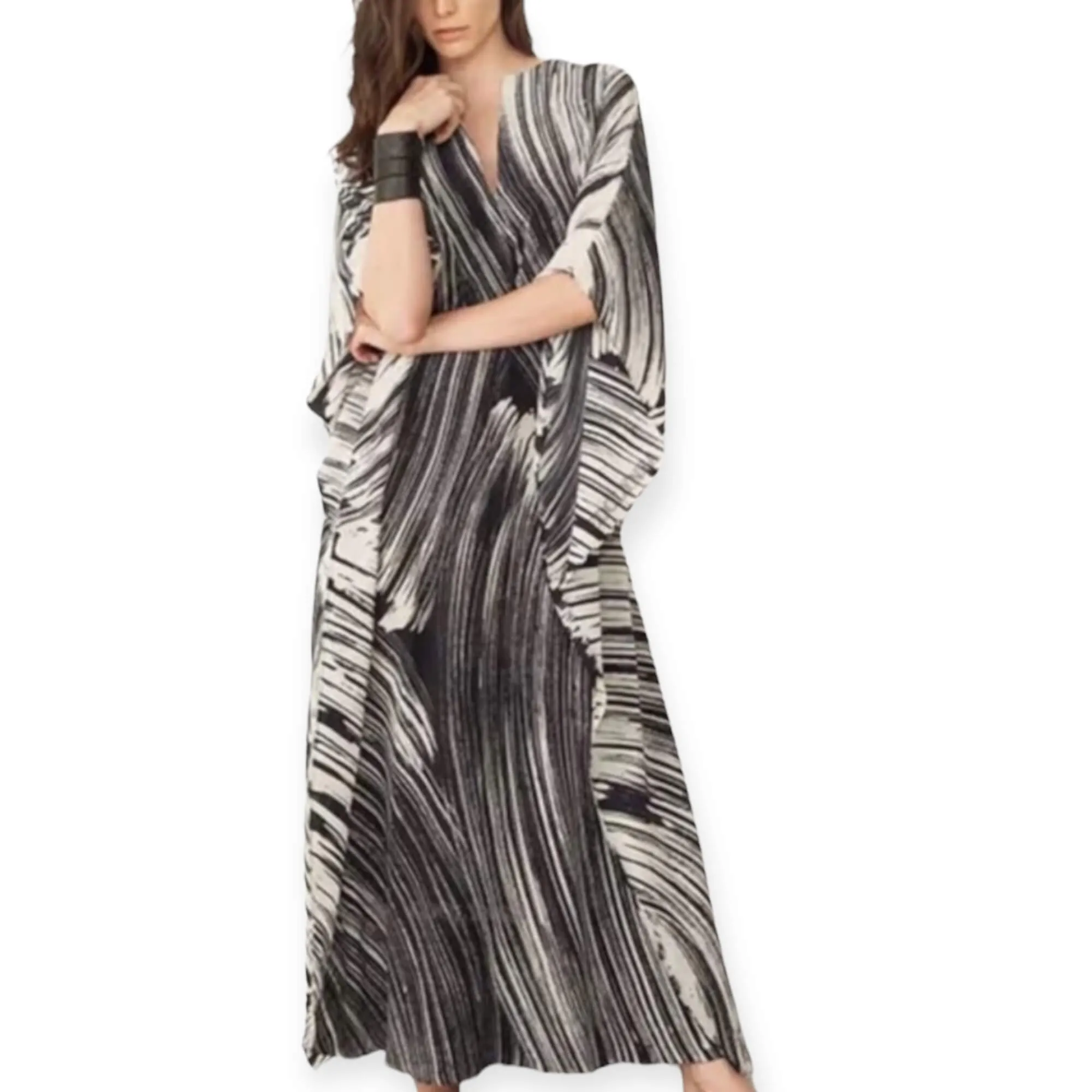 V Neck Black White Abstract Maxi Kaftan Dress