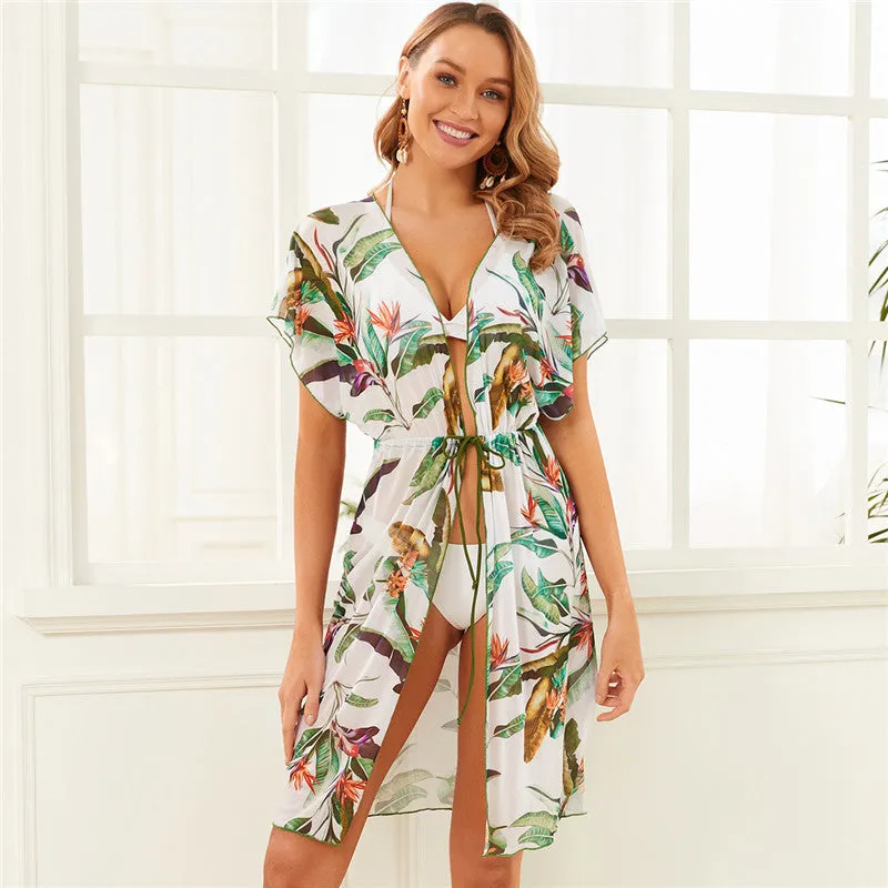 VenusFox Beach Dress 2021 Bikini Cover Up Print Cardigan Summer Tunic Ladies Tunics Swimsuit Cover-Ups Beachwear Floarl Coverups Floral