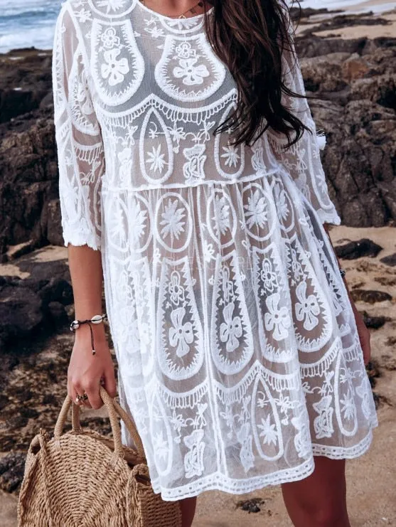 VenusFox Embroidery Coverups for Women Tunic Beach Cover Up Dress Solid Blouse Beachwear Lace Fishnet Bikini Wrap 2021 White Cover-up