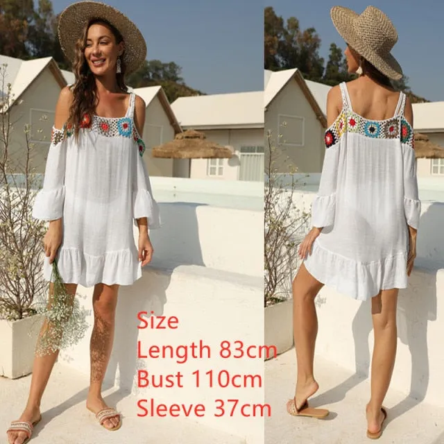 VenusFox Embroidery Coverups for Women Tunic Beach Cover Up Dress Solid Blouse Beachwear Lace Fishnet Bikini Wrap 2021 White Cover-up