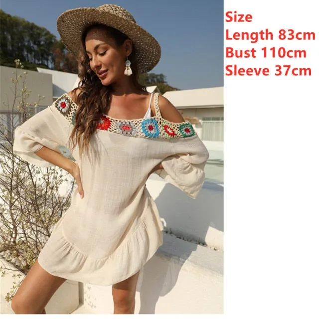 VenusFox Embroidery Coverups for Women Tunic Beach Cover Up Dress Solid Blouse Beachwear Lace Fishnet Bikini Wrap 2021 White Cover-up