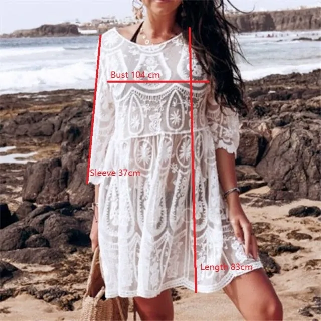 VenusFox Embroidery Coverups for Women Tunic Beach Cover Up Dress Solid Blouse Beachwear Lace Fishnet Bikini Wrap 2021 White Cover-up