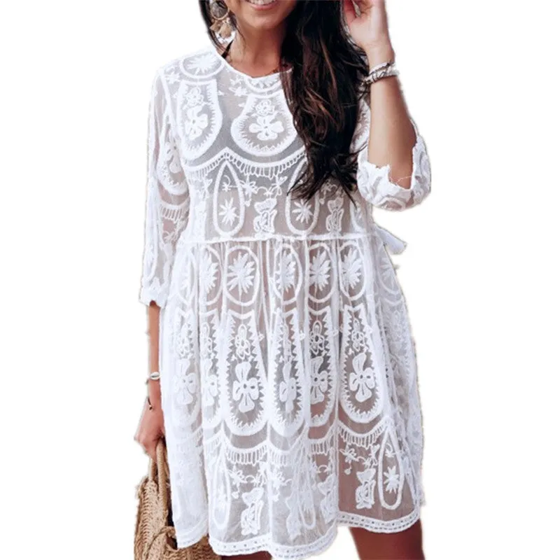 VenusFox Embroidery Coverups for Women Tunic Beach Cover Up Dress Solid Blouse Beachwear Lace Fishnet Bikini Wrap 2021 White Cover-up