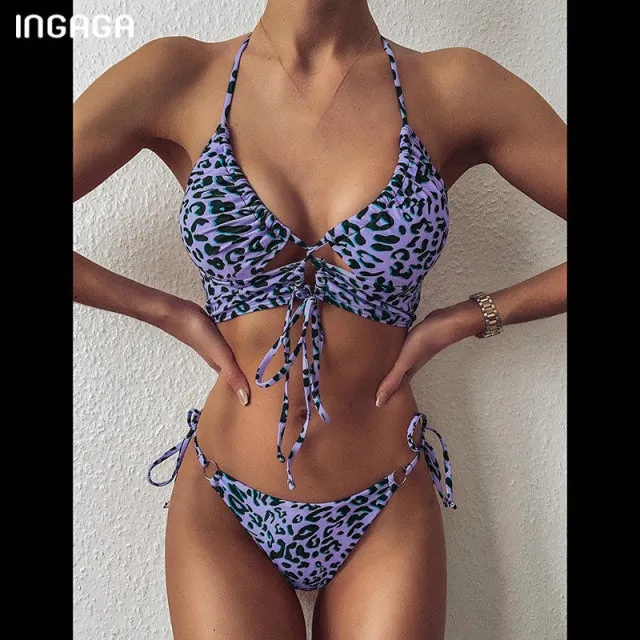 VenusFox High Waist Bikinis Set 2021 Swimsuits Push Up Swimwear Women String Halter Biquini Brazilian Leopard Bathing Suit Women