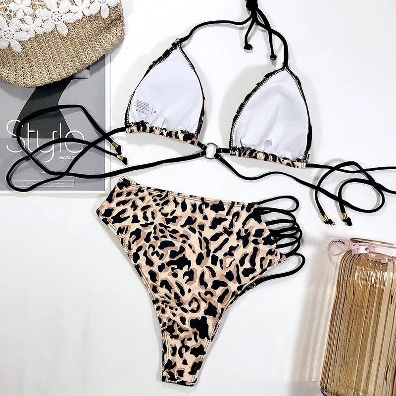 VenusFox High Waist Bikinis Set 2021 Swimsuits Push Up Swimwear Women String Halter Biquini Brazilian Leopard Bathing Suit Women