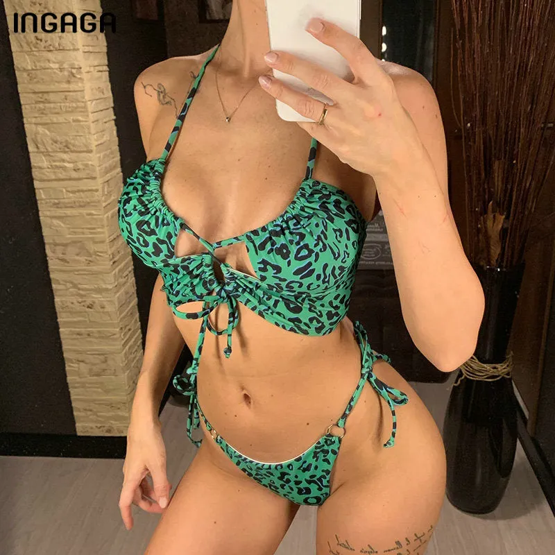 VenusFox High Waist Bikinis Set 2021 Swimsuits Push Up Swimwear Women String Halter Biquini Brazilian Leopard Bathing Suit Women