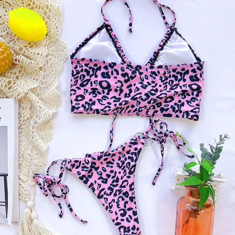 VenusFox High Waist Bikinis Set 2021 Swimsuits Push Up Swimwear Women String Halter Biquini Brazilian Leopard Bathing Suit Women