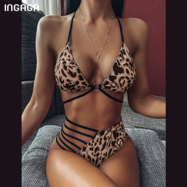 VenusFox High Waist Bikinis Set 2021 Swimsuits Push Up Swimwear Women String Halter Biquini Brazilian Leopard Bathing Suit Women