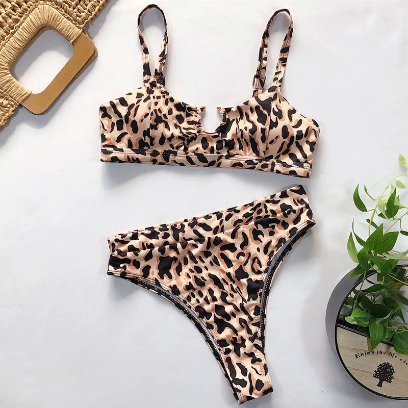 VenusFox High Waist Bikinis Set 2021 Swimsuits Push Up Swimwear Women String Halter Biquini Brazilian Leopard Bathing Suit Women