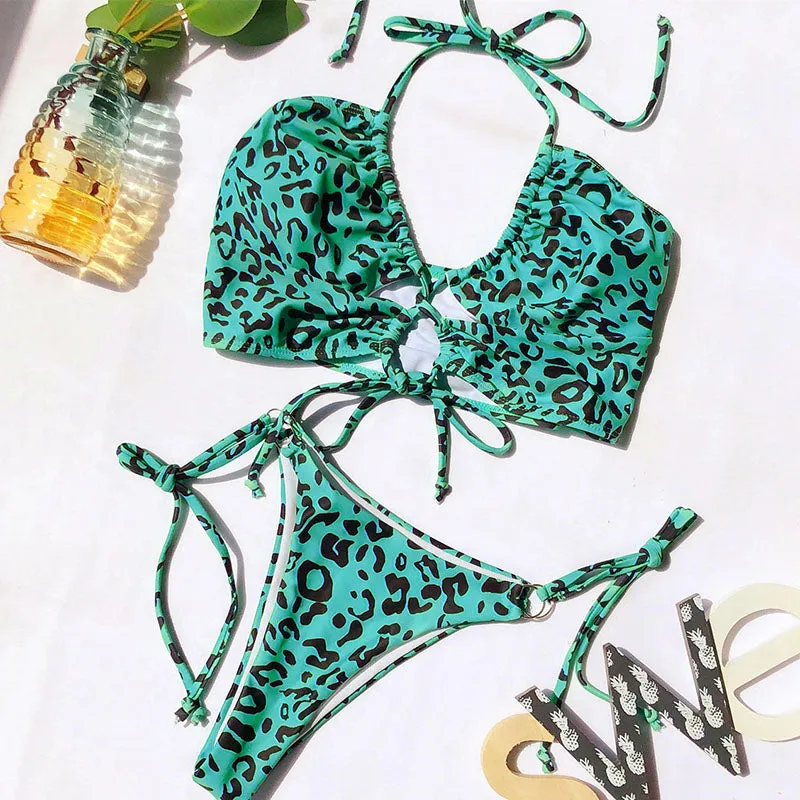 VenusFox High Waist Bikinis Set 2021 Swimsuits Push Up Swimwear Women String Halter Biquini Brazilian Leopard Bathing Suit Women