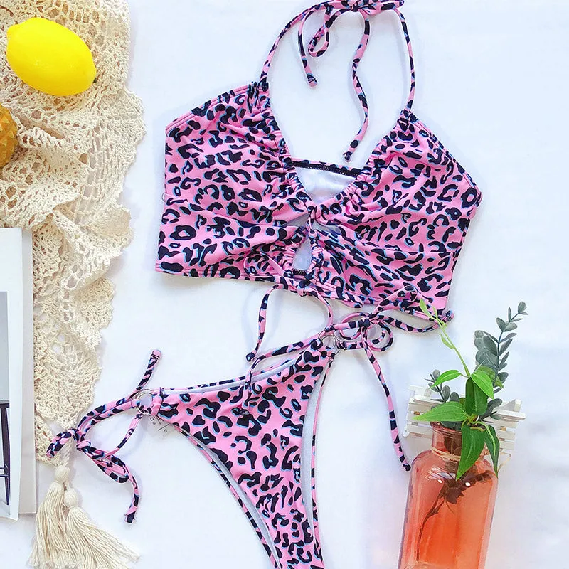 VenusFox High Waist Bikinis Set 2021 Swimsuits Push Up Swimwear Women String Halter Biquini Brazilian Leopard Bathing Suit Women