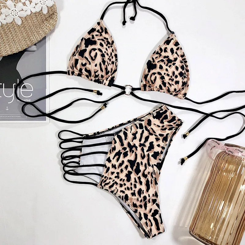 VenusFox High Waist Bikinis Set 2021 Swimsuits Push Up Swimwear Women String Halter Biquini Brazilian Leopard Bathing Suit Women