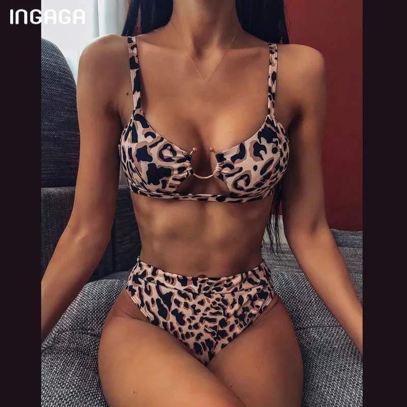 VenusFox High Waist Bikinis Set 2021 Swimsuits Push Up Swimwear Women String Halter Biquini Brazilian Leopard Bathing Suit Women