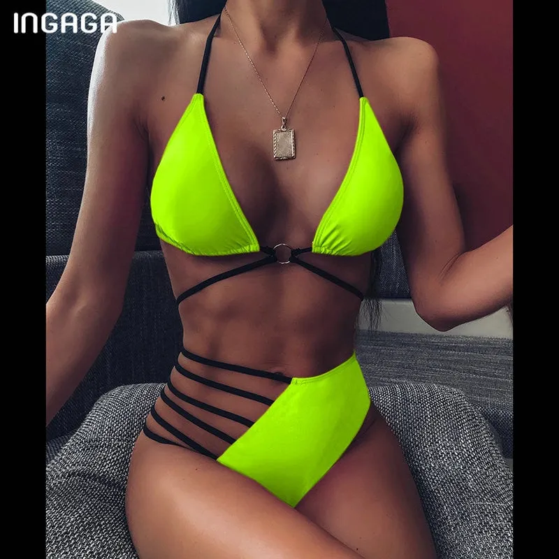 VenusFox High Waist Bikinis Set 2021 Swimsuits Push Up Swimwear Women String Halter Biquini Brazilian Leopard Bathing Suit Women