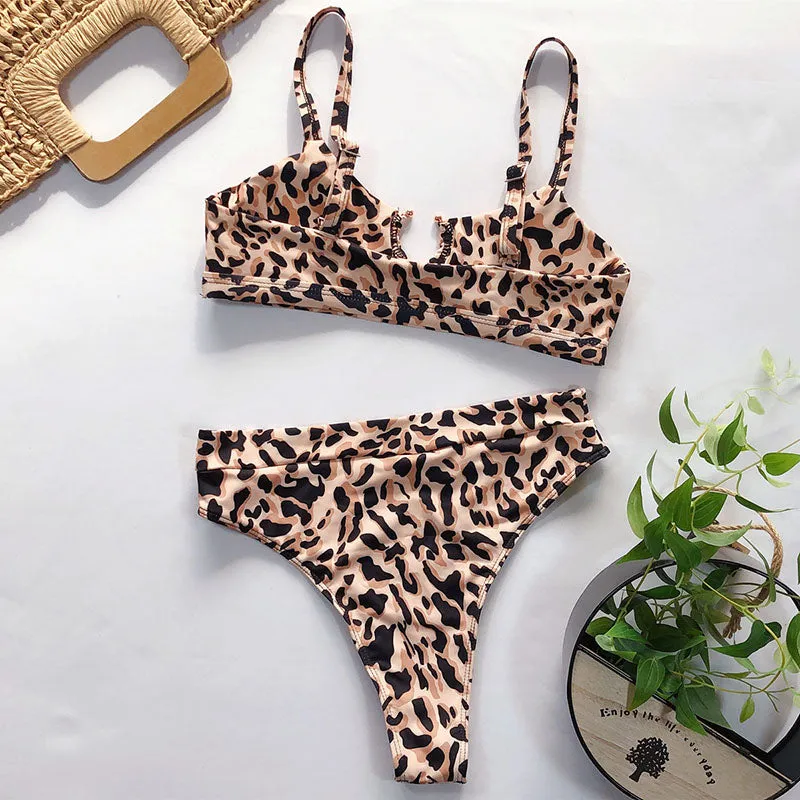 VenusFox High Waist Bikinis Set 2021 Swimsuits Push Up Swimwear Women String Halter Biquini Brazilian Leopard Bathing Suit Women