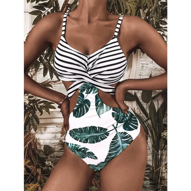 VenusFox One Piece Swimsuit 2021 New Sexy Print Floral Swimwear Women Bodysuit Leopard Strappy Slimming Bathing Suit Beach Wear Monokin