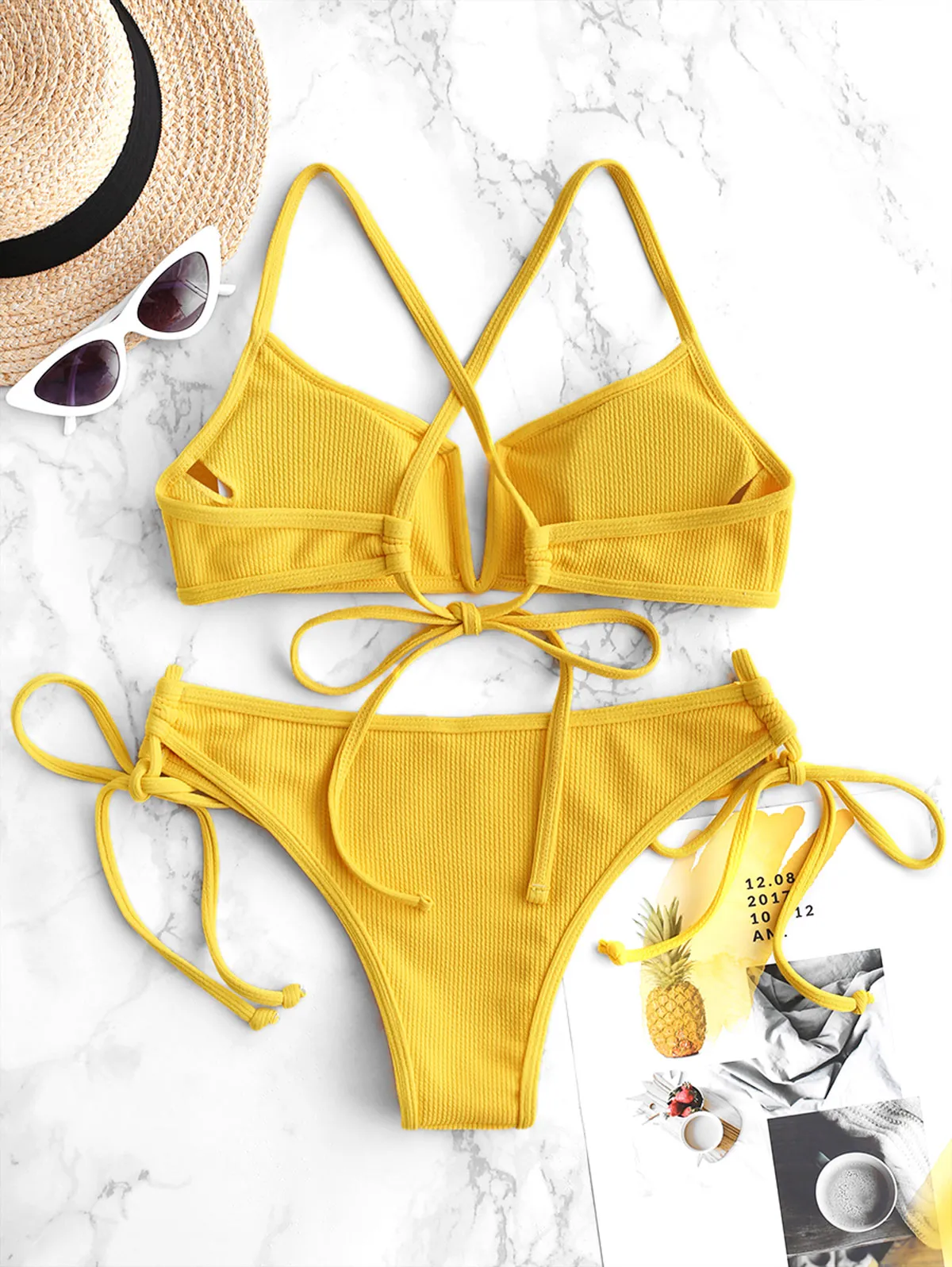 VenusFox Ribbed Cami Bikini Sexy Padded Criss Cross Women Biquinis Set Summer Swimsuit Solid Bandage Swimwear Beach Bathing Suits