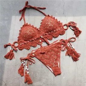 VenusFox Sexy Crochet Bikinis 2 piece set Women Bathing Suits Swimwear Swimsuit Beach boho Summer Knitted Orange High Quality