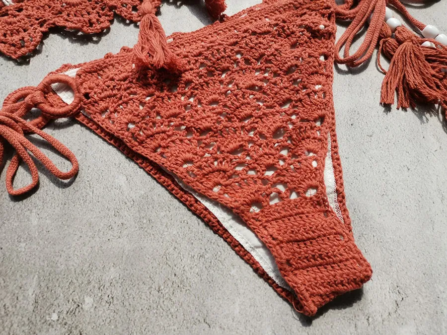 VenusFox Sexy Crochet Bikinis 2 piece set Women Bathing Suits Swimwear Swimsuit Beach boho Summer Knitted Orange High Quality