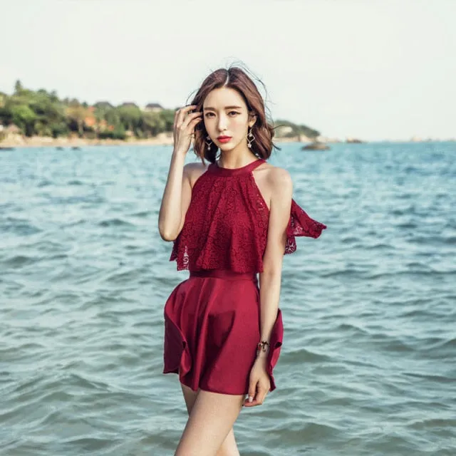 VenusFox Two Wearing Ways Conservative Swimsuit Skirt Lace Sleeve One Piece Swimwear Women Back Buckle Swimming Suit Beach Wear Black Red