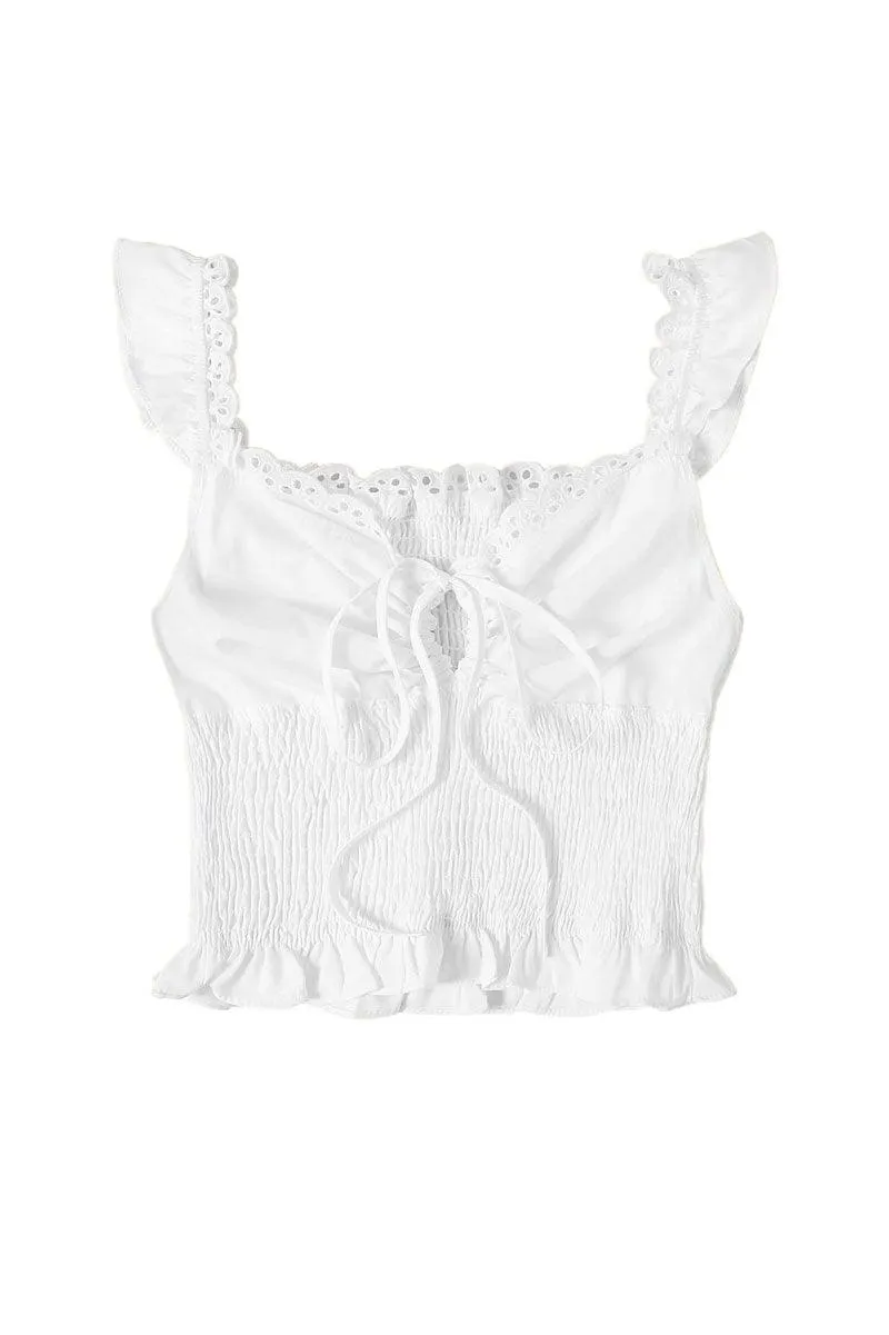 White Sleeveless Frill Trim Round Neck Relaxed Cami Top