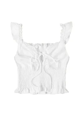 White Sleeveless Frill Trim Round Neck Relaxed Cami Top