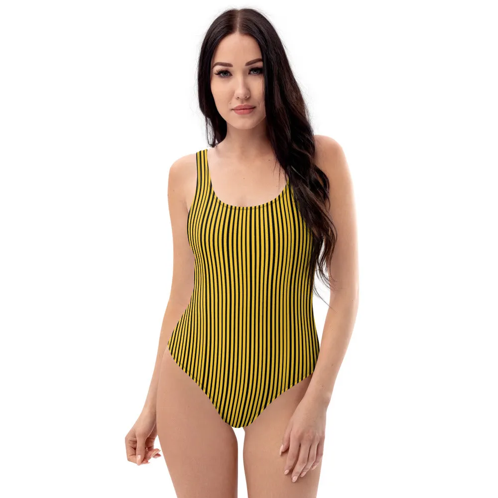 Yellow Striped Women's Swimwear, One-Piece Swimsuit- Made in USA/EU (US Size: XS-3XL)