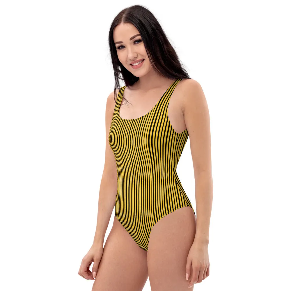 Yellow Striped Women's Swimwear, One-Piece Swimsuit- Made in USA/EU (US Size: XS-3XL)